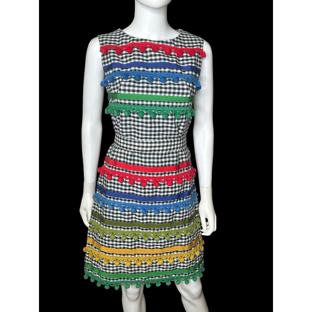 Vintage 60s Bud Kilpatrick Gingham Mod Dress with Pom-Pom Fringe Colorful S/M